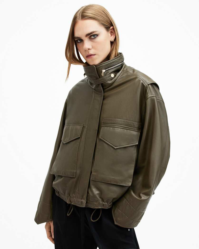 Clay Funnel Neck Cropped Leather Jacket