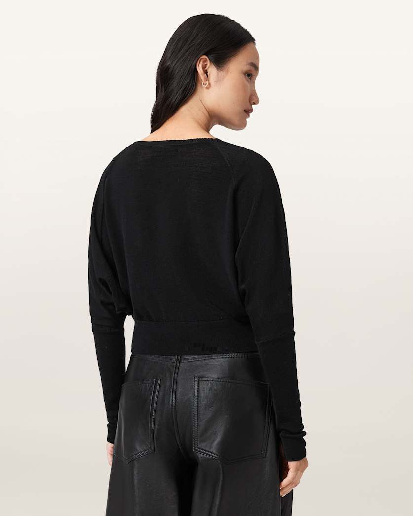 Haut AllSaints Femme XS Noir Rayé, Manches Longues, Col Rond, Cropé