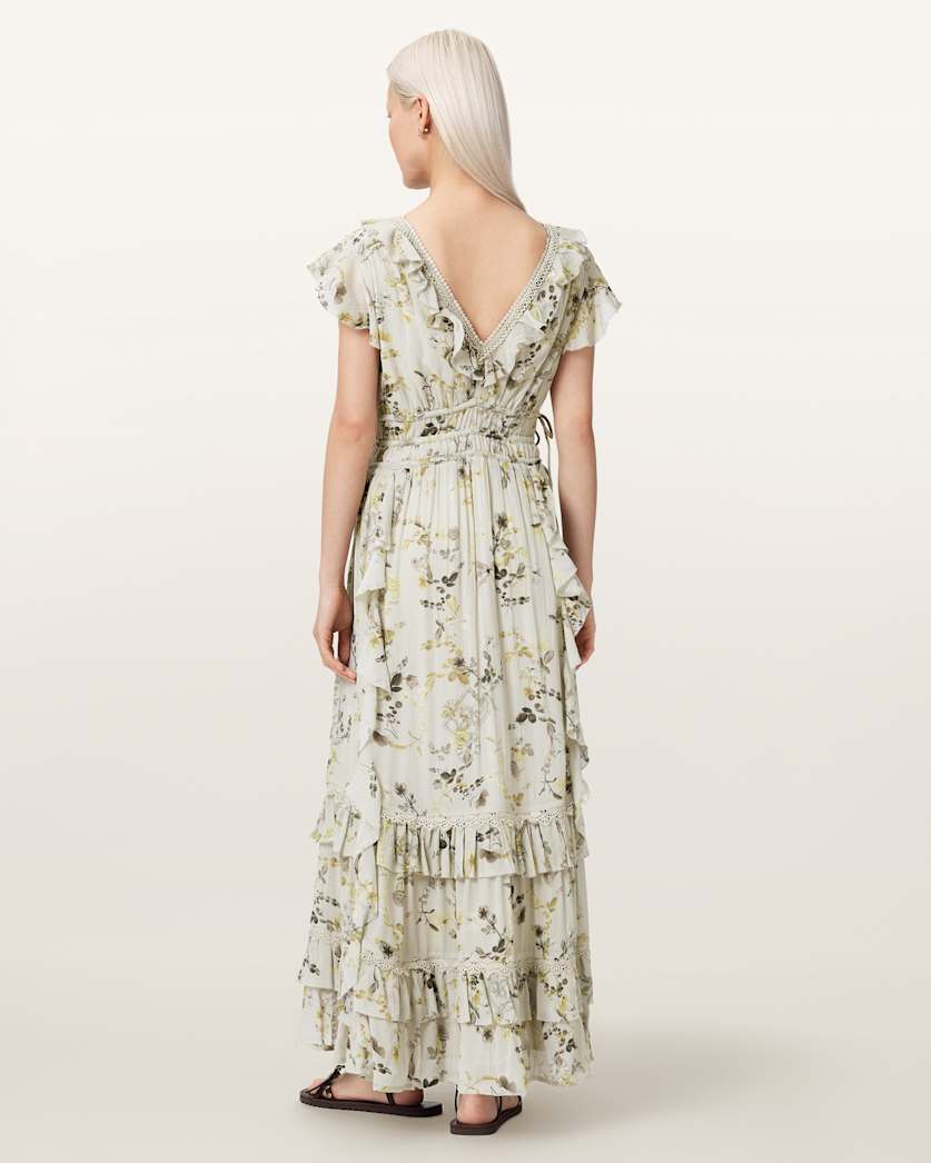green one shoulder wedding guest dress Sage Ivory Floral Halter Front Chiffon Maxi Dress main image 0