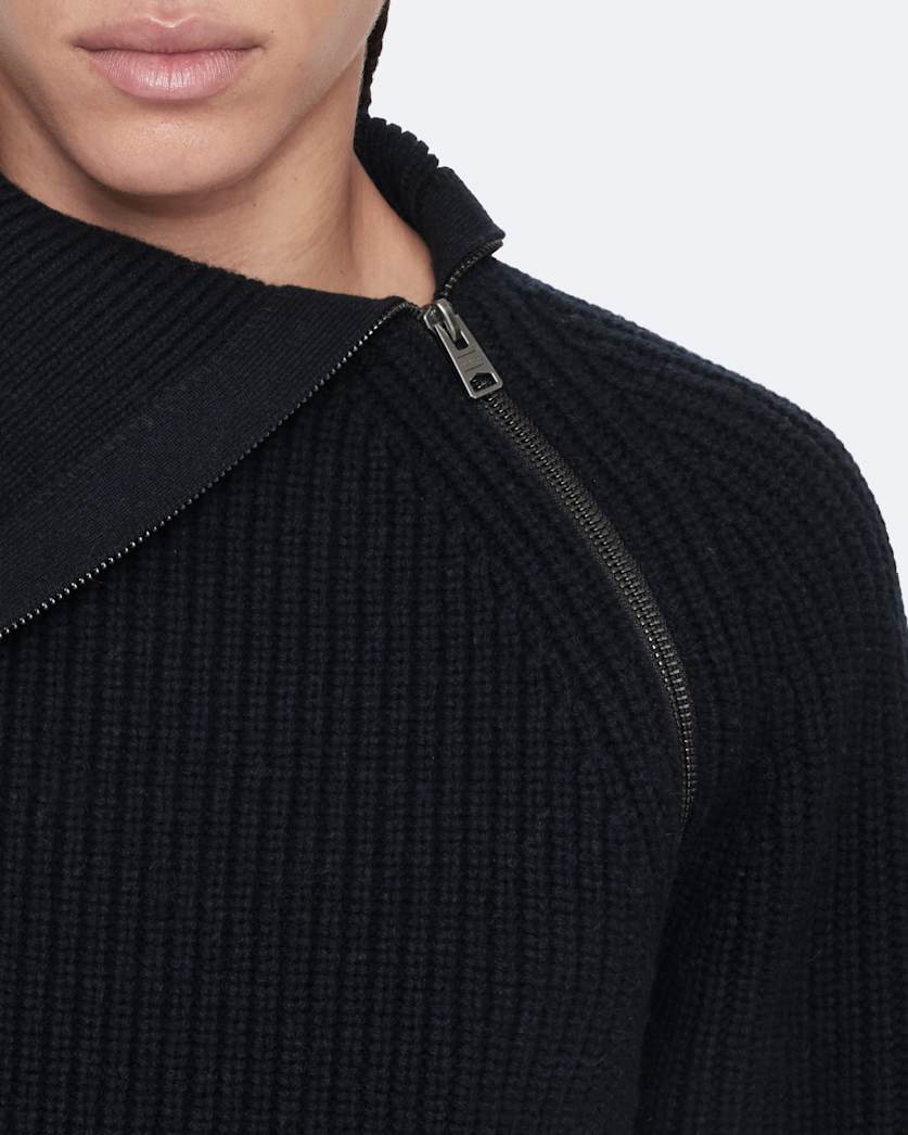Asymmetric funnel-neck wool jumper