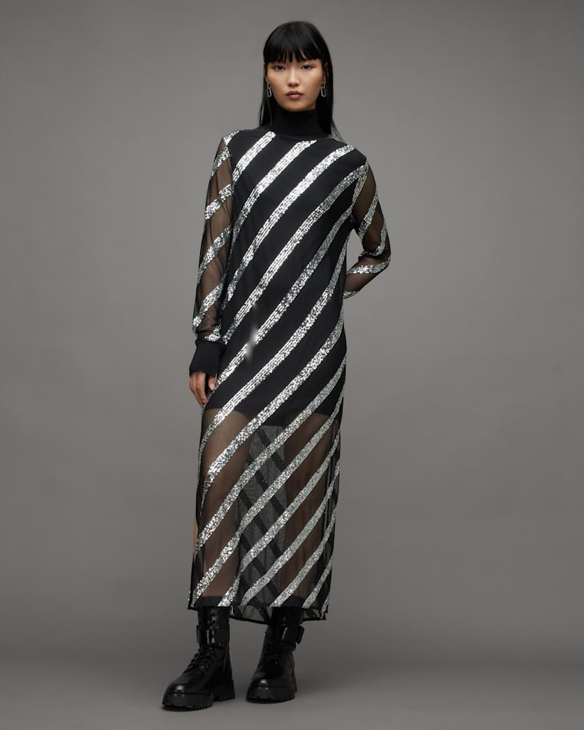 Juela Mesh Striped Sequin Midi Dress