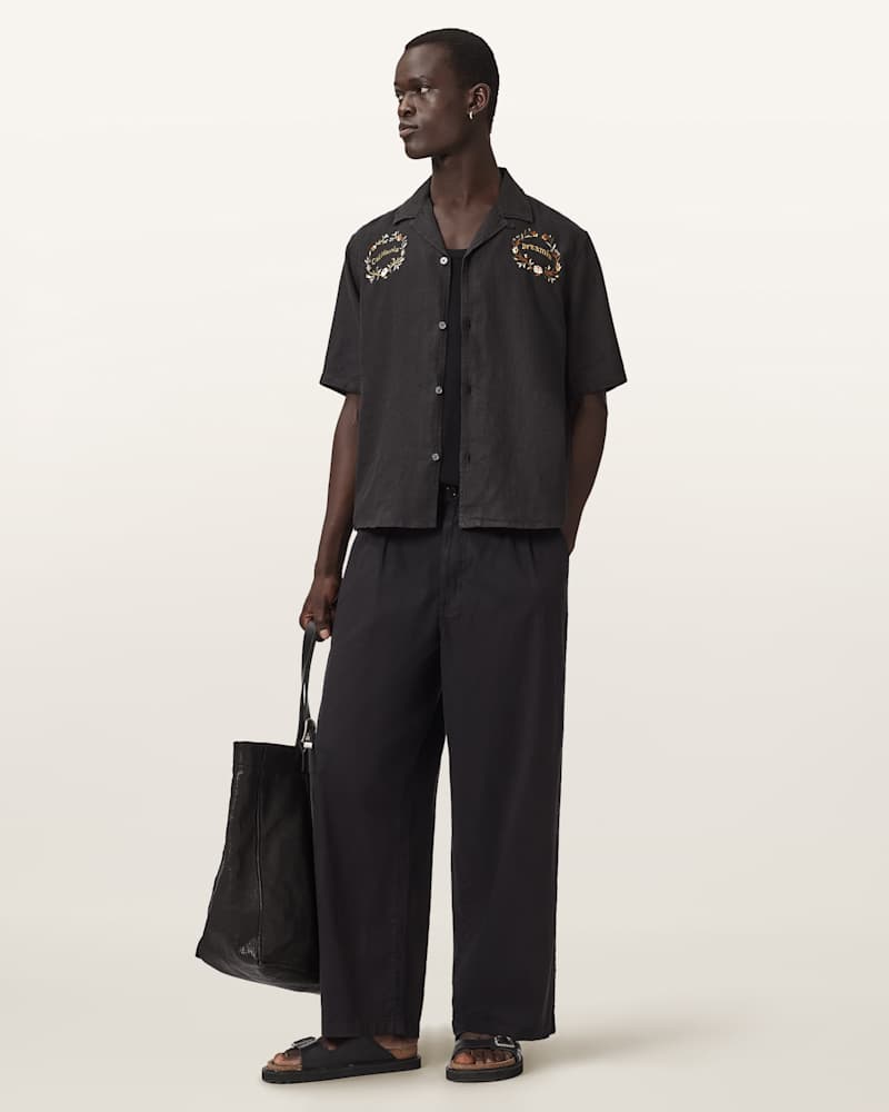 Klavicle Short Sleeve Linen Embroidered Shirt