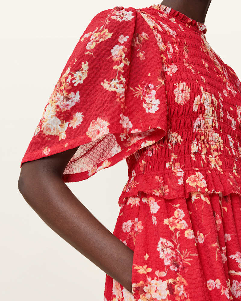 Mya Floral Print Shirred Midi Dress