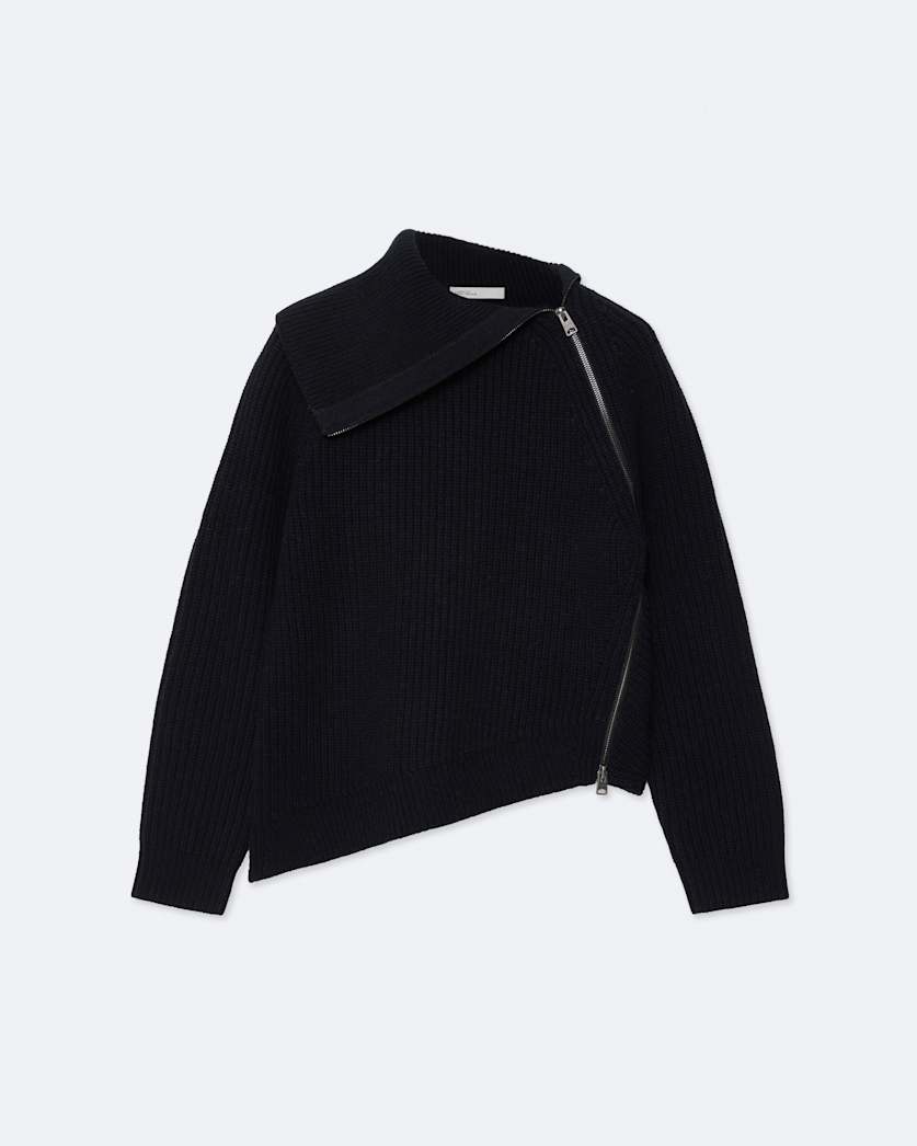 Asymmetric funnel-neck wool jumper