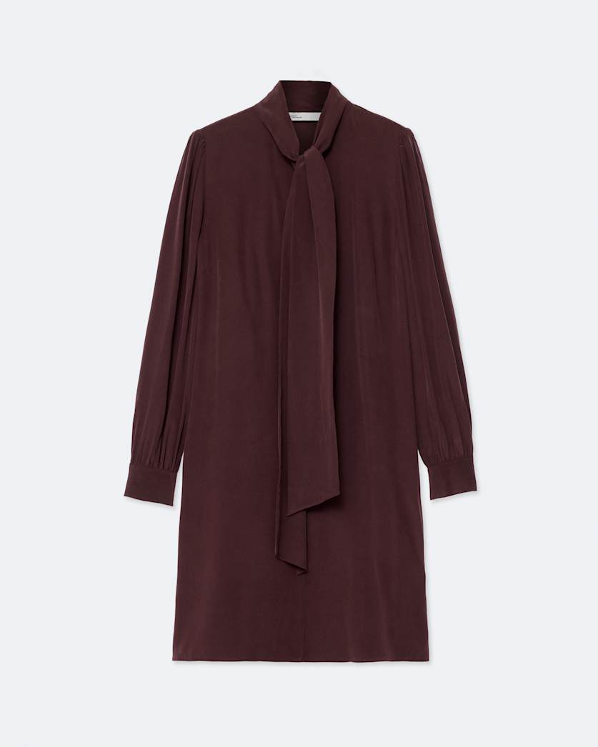 Tie-neck silk knee-length dress