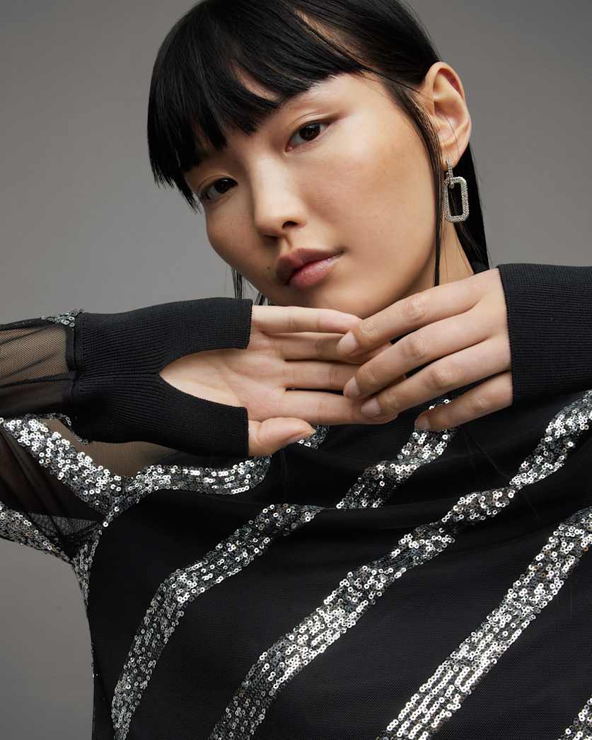 Juela Mesh Striped Sequin Midi Dress