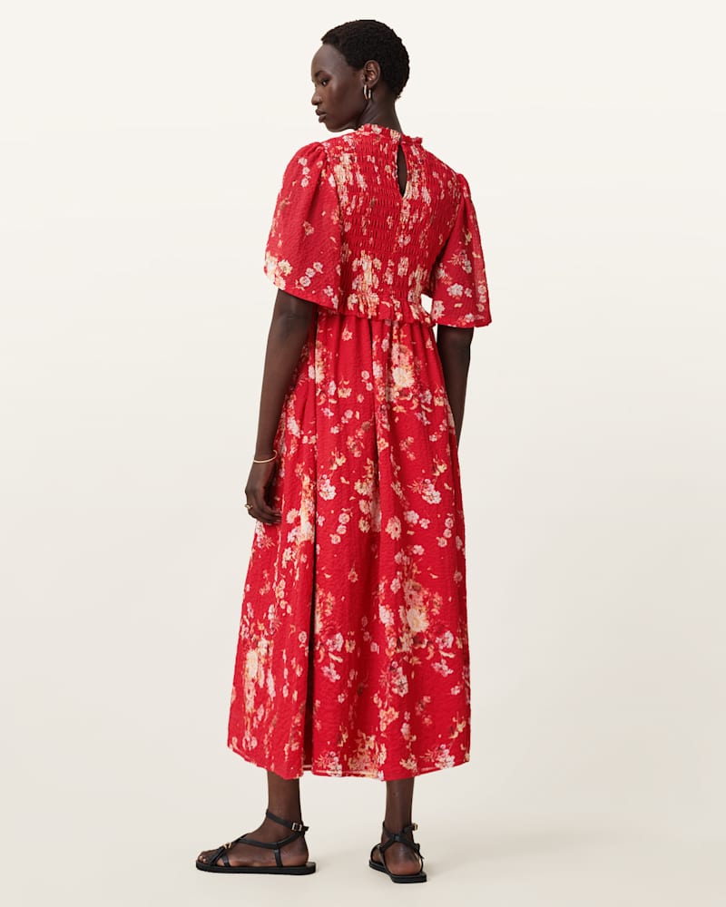 Mya Floral Print Shirred Midi Dress