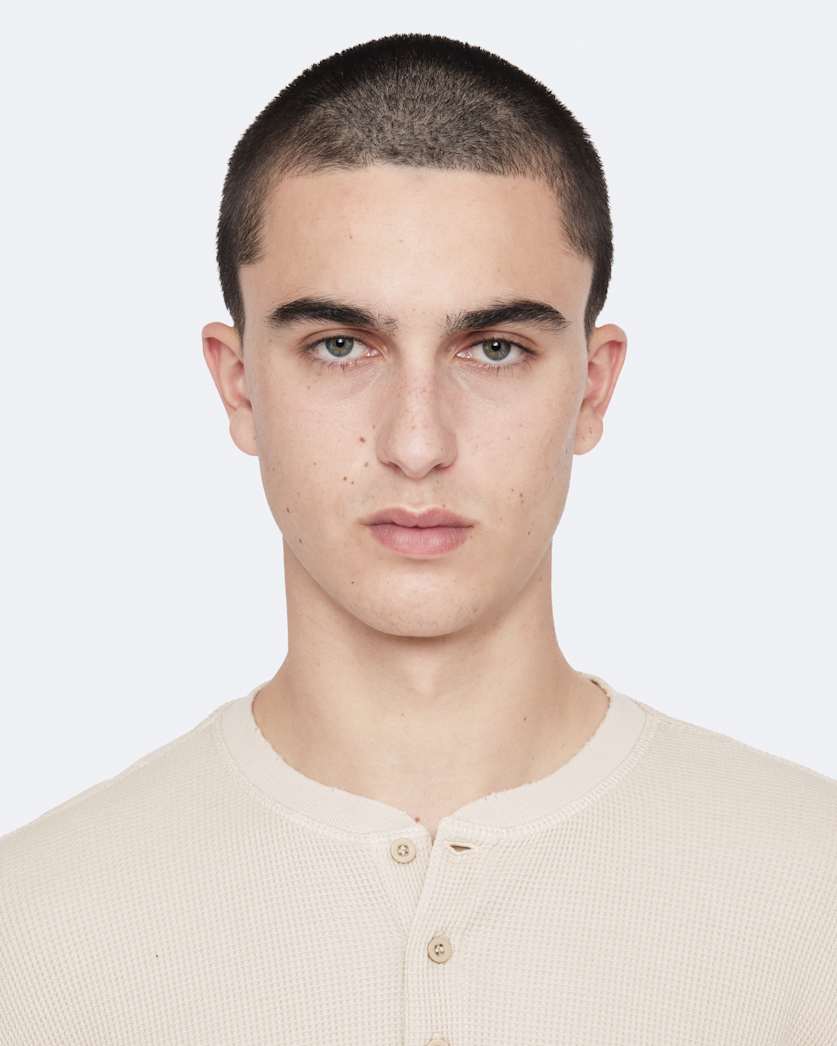 Raine Waffle-Knit Long-Sleeve Henley Top