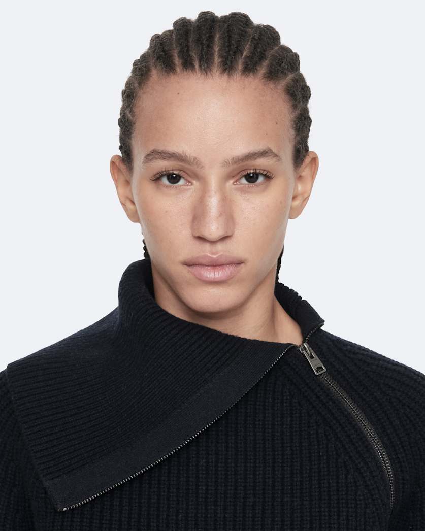 Asymmetric funnel-neck wool jumper