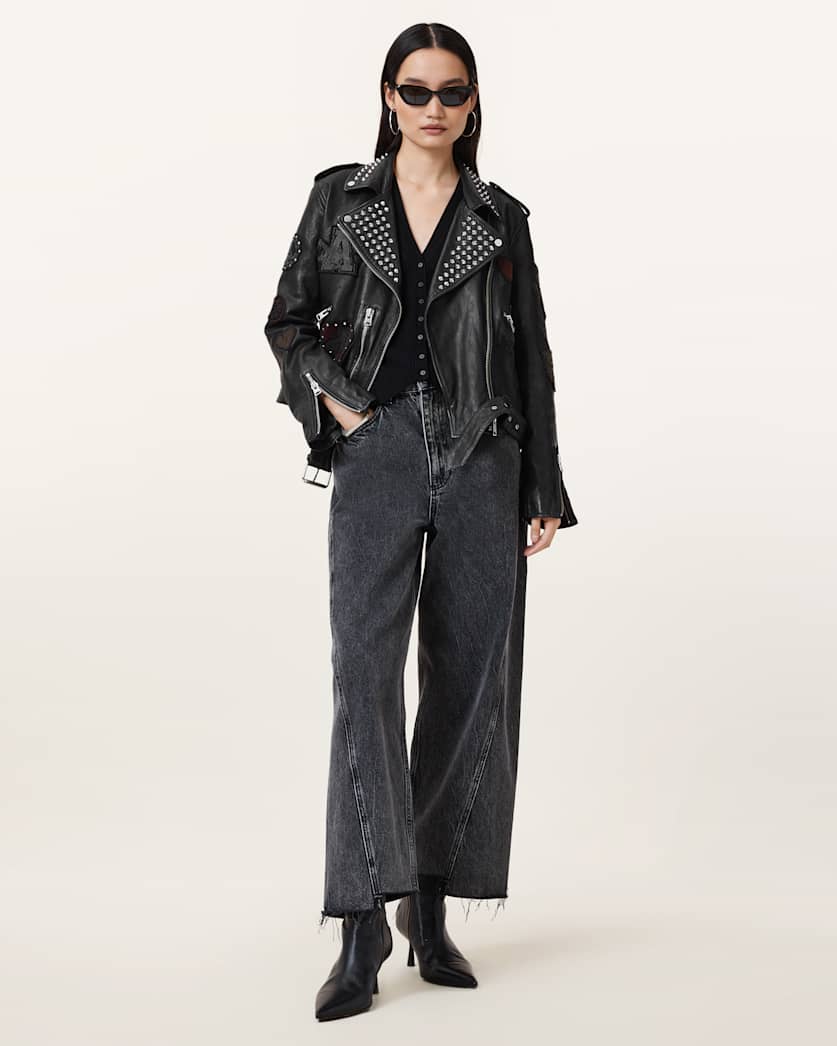 College Relaxed Fit Leather Biker Jacket