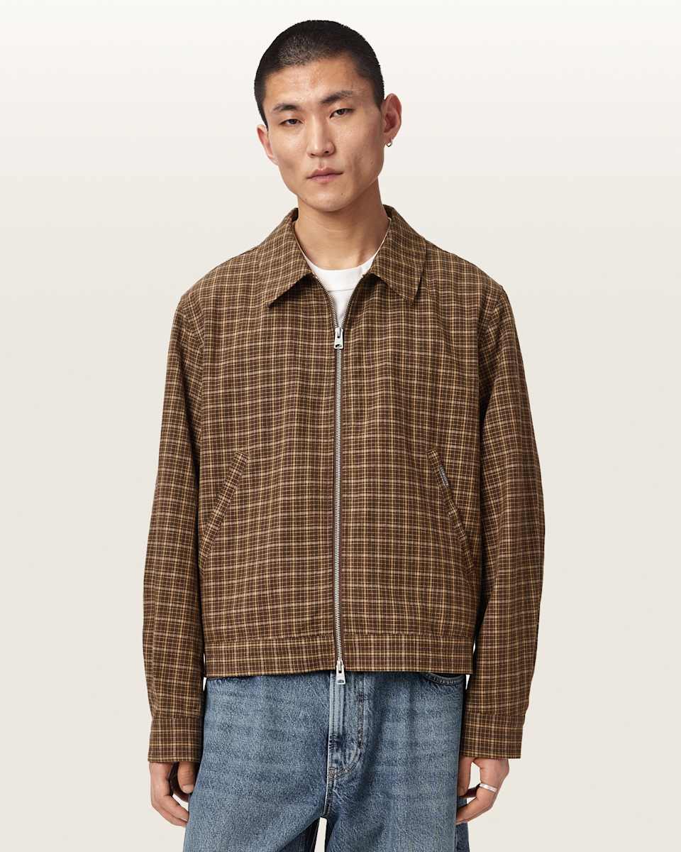 AllSaints Lakeshaw Relaxed Fit Linen Blend Check Jacket