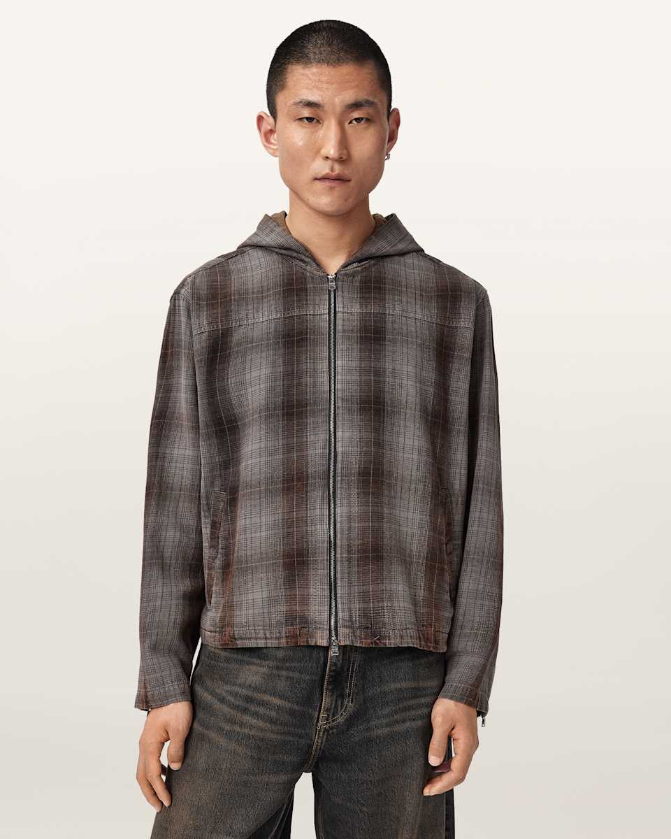 AllSaints Santo Check Zip Up Hooded Shirt