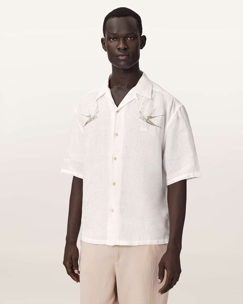 AllSaints Avia Short Sleeve Embroidered Linen Shirt