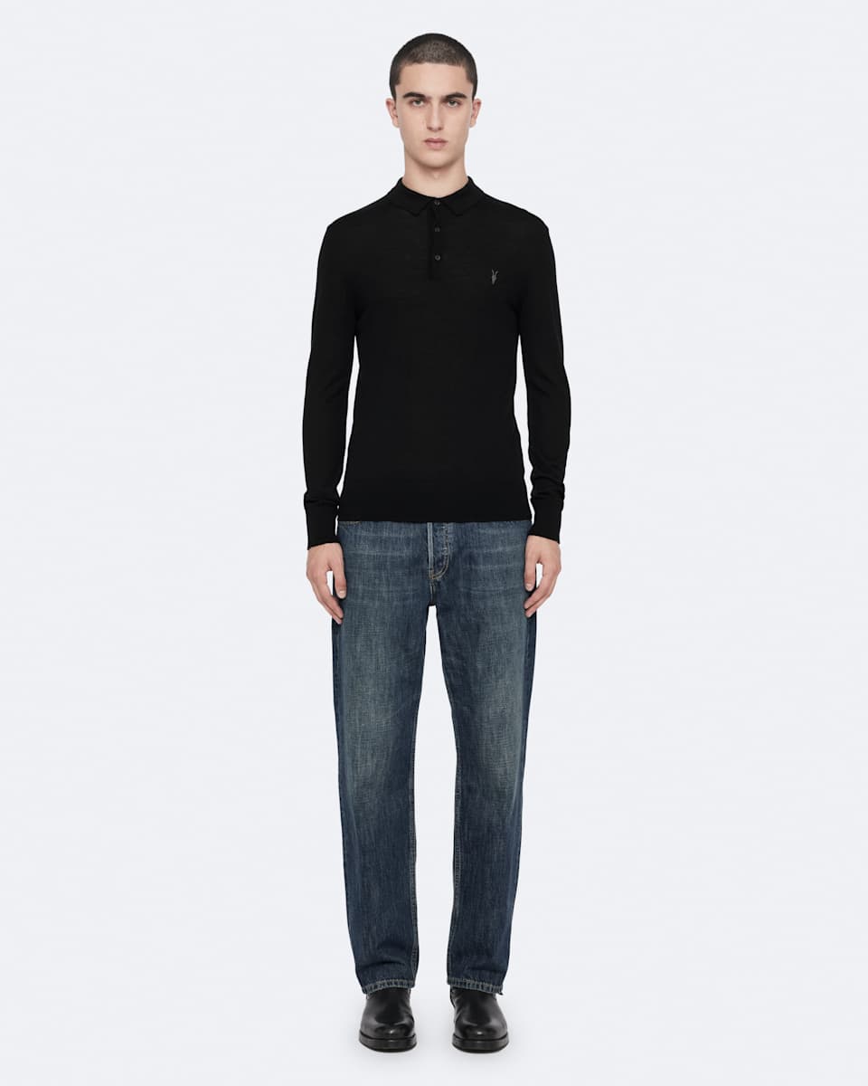 AllSaints Mode Merino Long Sleeve Ramskull Polo Shirt