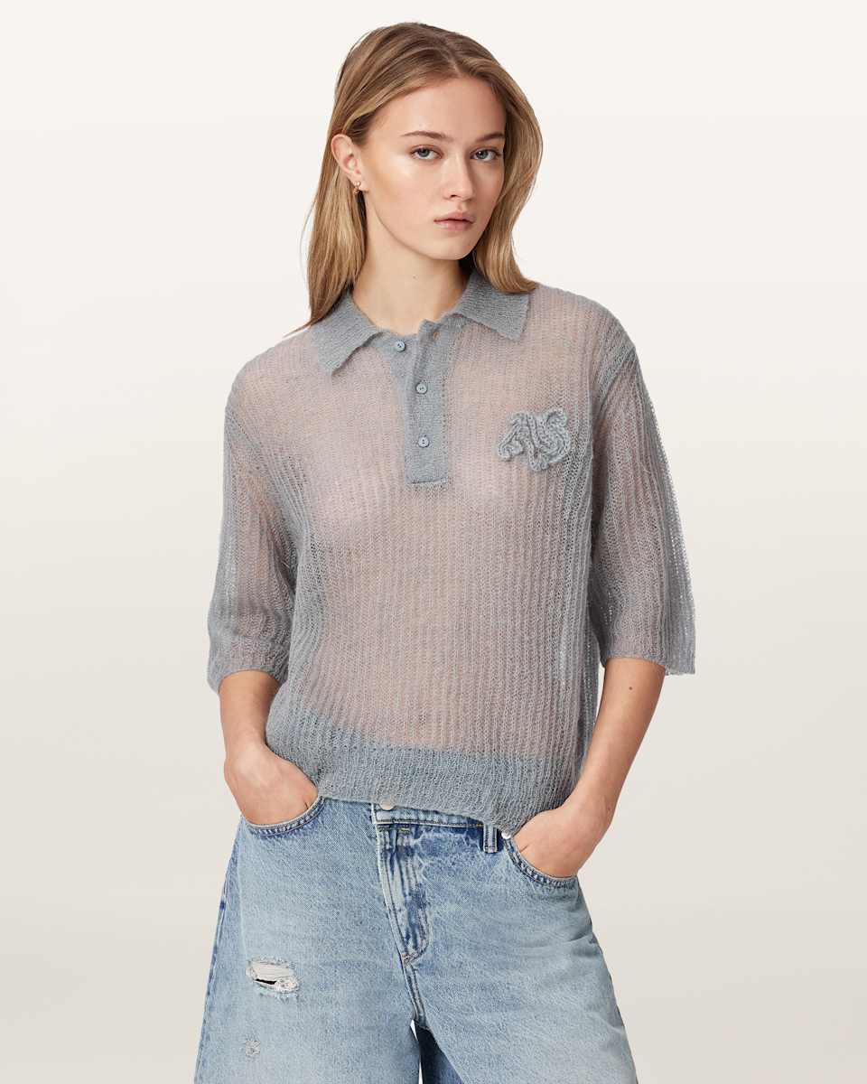 AllSaints Anabel Pointelle Embroidered Polo T-Shirt