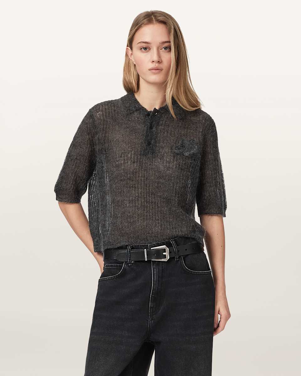 AllSaints Anabel Pointelle Embroidered Polo T-Shirt