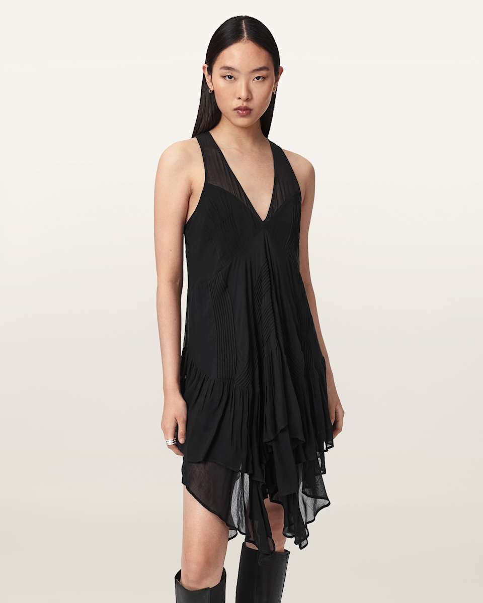 AllSaints Gretel Asymmetric Tiered Midi Dress