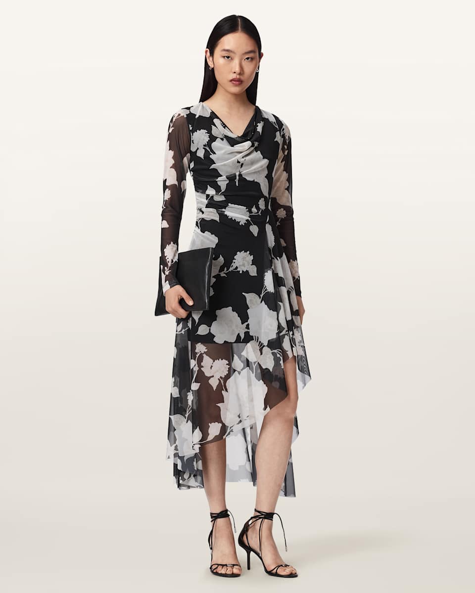 AllSaints Loria Draped Mesh Midi Dress