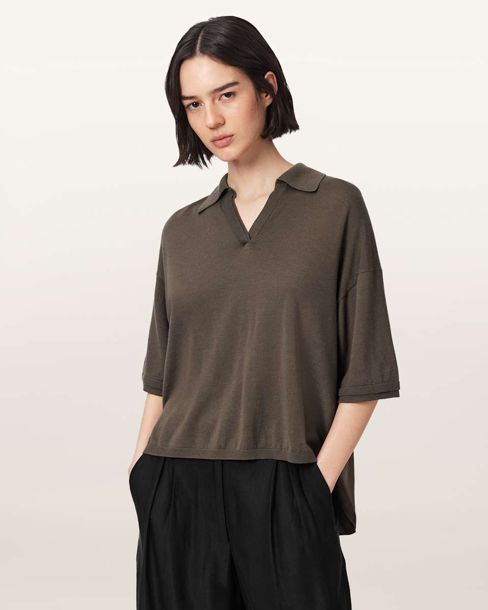 AllSaints Bern Short Sleeve Woven Wool Polo