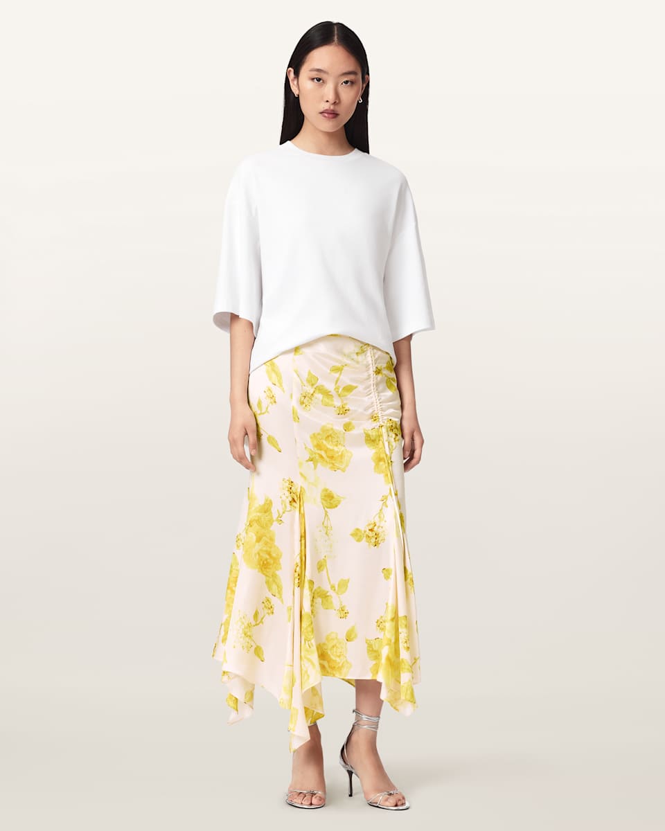 AllSaints Kathy Satin Floral Midi Skirt