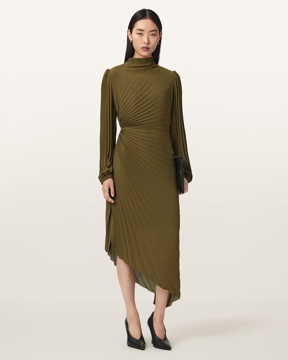 AllSaints Milena Asymmetric Pleated Midi Dress