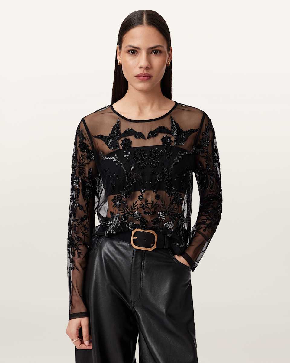 AllSaints Greta Embellished Tulle Top