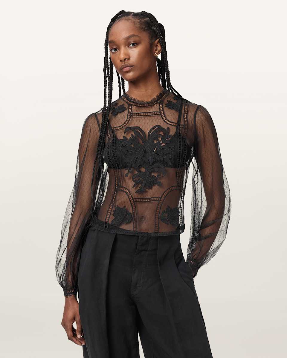 AllSaints Cesca Sheer Embroidered Top