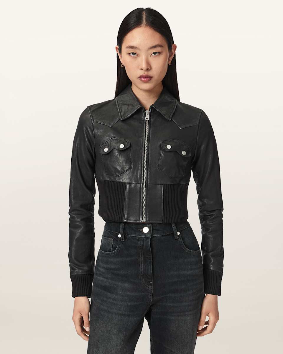 AllSaints Lena Slim Flit Cropped Leather Jacket