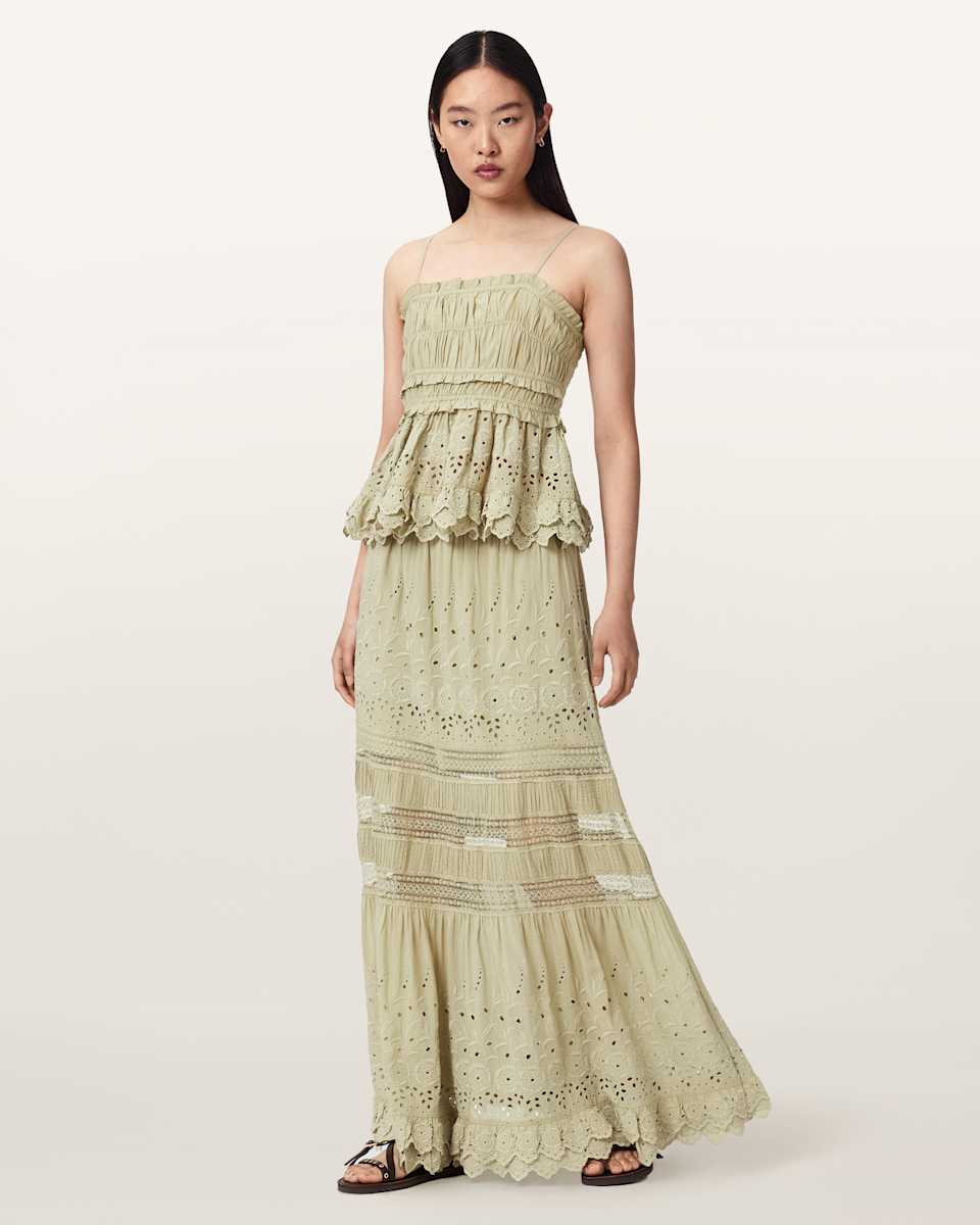 AllSaints Camille Embroidered Tiered Maxi Skirt