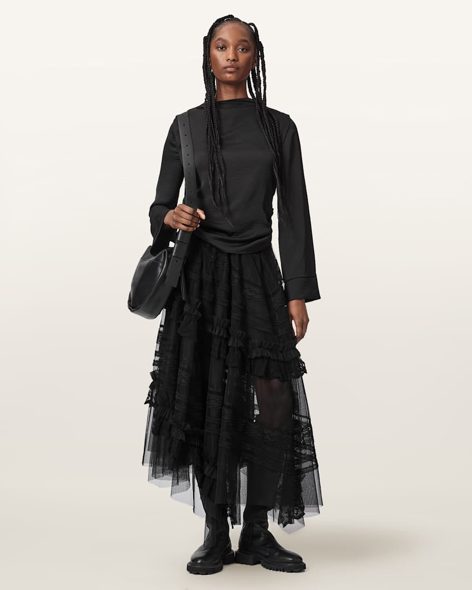 AllSaints Jen Tiered Lace Textile Midi Skirt