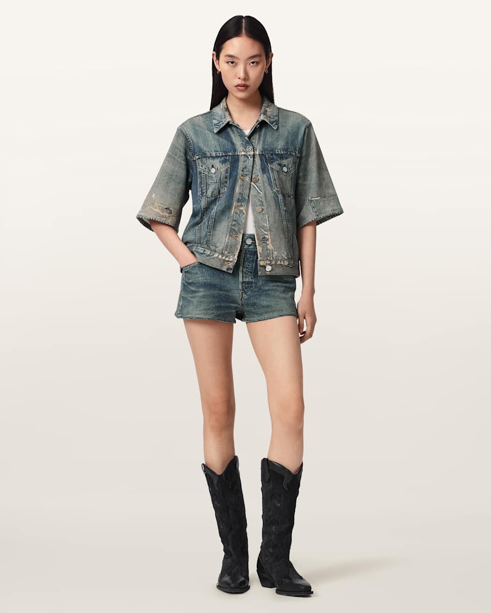AllSaints Asher Terry High Waisted Denim Illusion Shorts