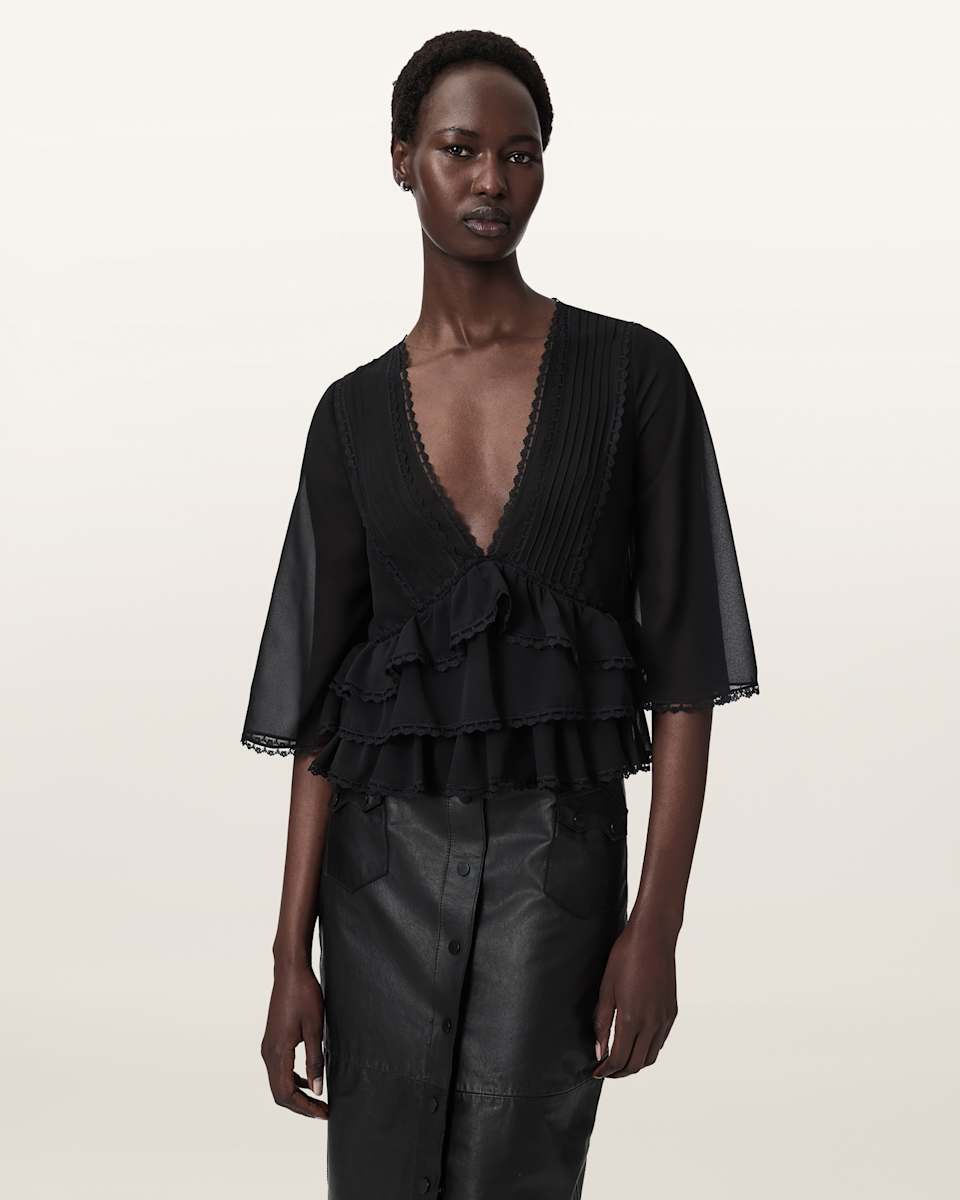 AllSaints Flo V-Neck Lace Tiered Top