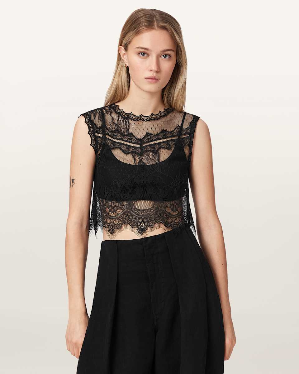 AllSaints Eliza Sheer Lace Cropped Tank Top