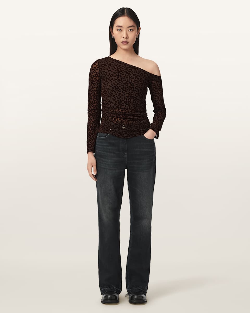 AllSaints Mimi Off-The-Shoulder Leopard Mesh Top