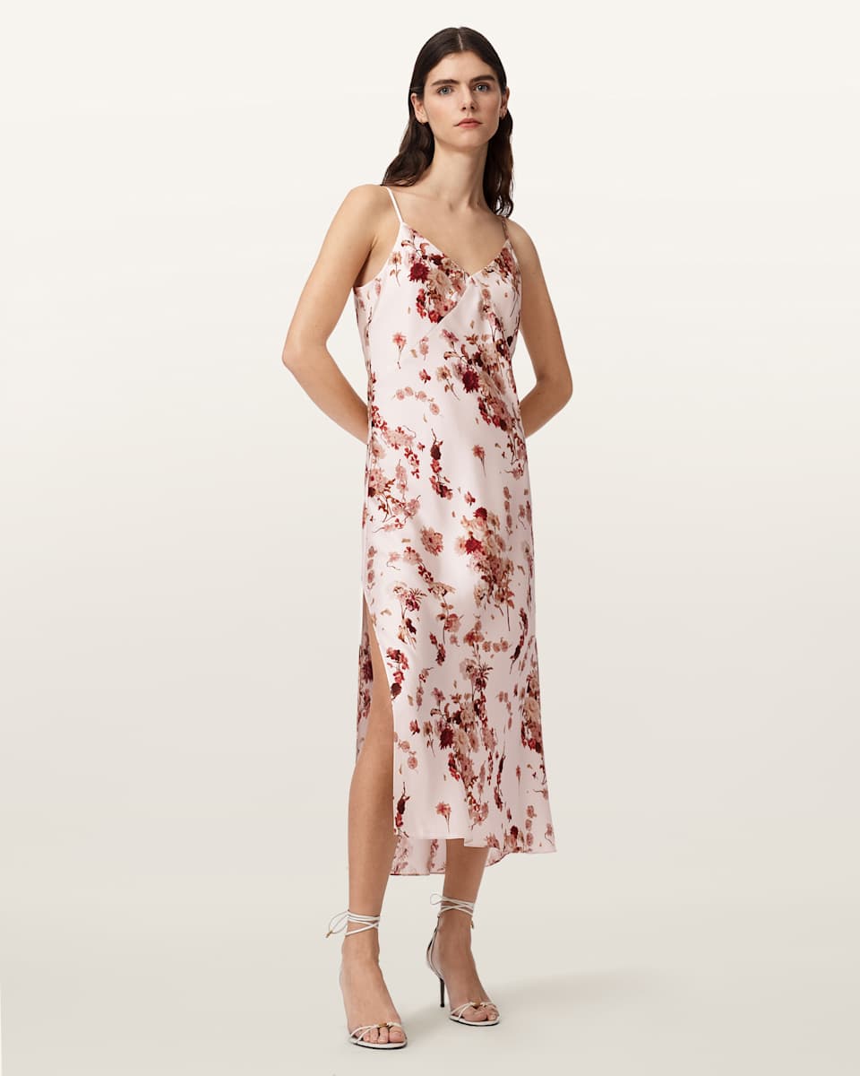 AllSaints Melody Floral Silk Blend Midi Slip Dress.
