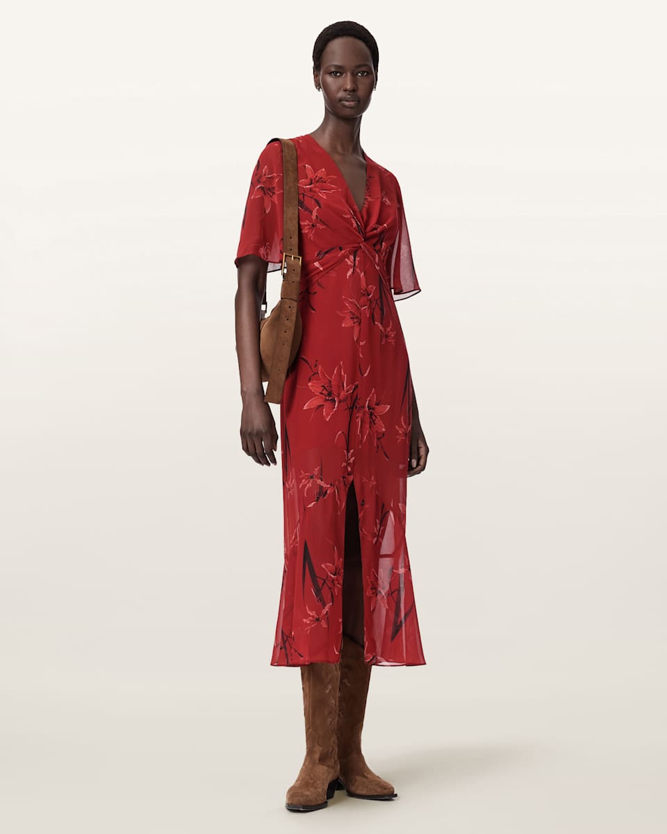 AllSaints Mollie Twist Detail Floral Midi Dress