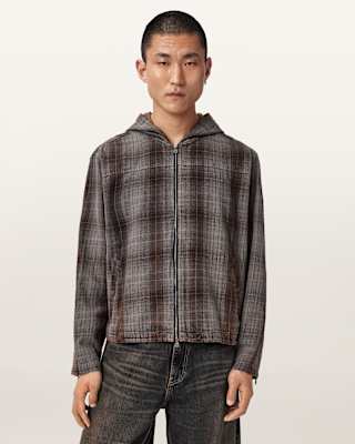 AllSaints Santo Check Zip Up Hooded Shirt