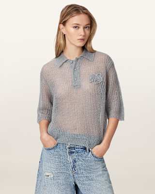 AllSaints Anabel Pointelle Embroidered Polo T-Shirt
