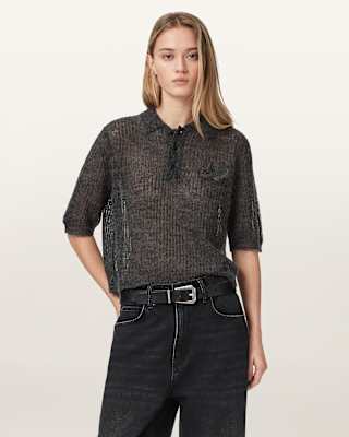 AllSaints Anabel Pointelle Embroidered Polo T-Shirt
