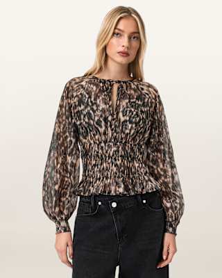 AllSaints Cern Animal Print Shirred Top