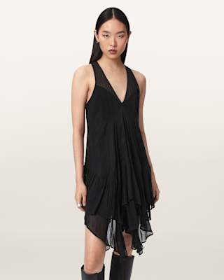 AllSaints Gretel Asymmetric Tiered Midi Dress