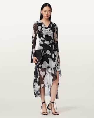 AllSaints Loria Draped Mesh Midi Dress