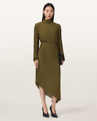 AllSaints Milena Asymmetric Pleated Midi Dress
