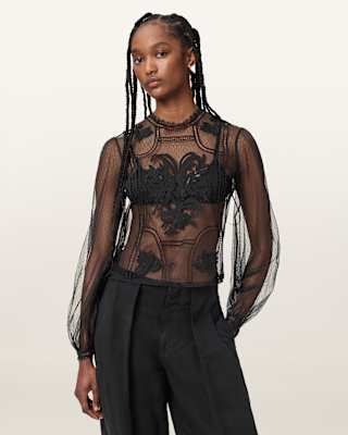 AllSaints Cesca Sheer Embroidered Top