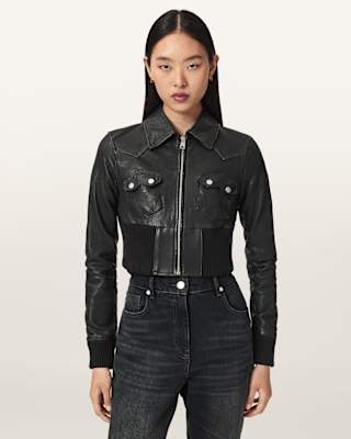 AllSaints Lena Slim Flit Cropped Leather Jacket
