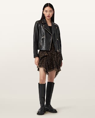 AllSaints Crissy Leopard Print Denim Mini Skirt