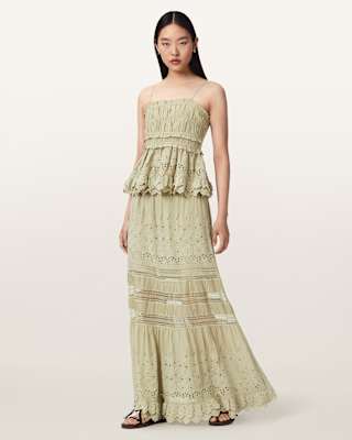 AllSaints Camille Embroidered Tiered Maxi Skirt