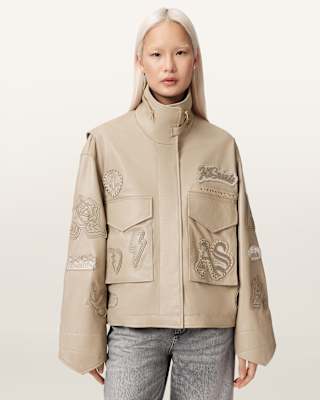 AllSaints Clay Oversized Leather Patch Jacket