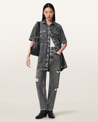 AllSaints Daisy Tapered Leg Distressed Denim Jeans