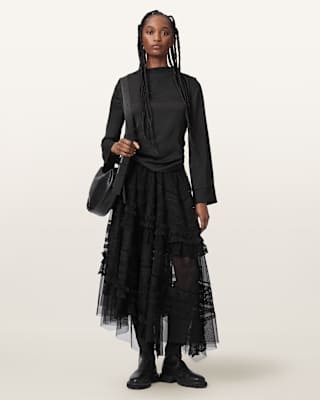AllSaints Jen Tiered Lace Textile Midi Skirt